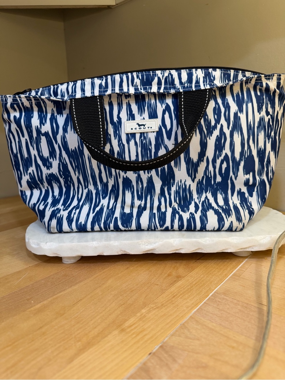 Scout Blue and White Patterned lunch Tote with Black Handles